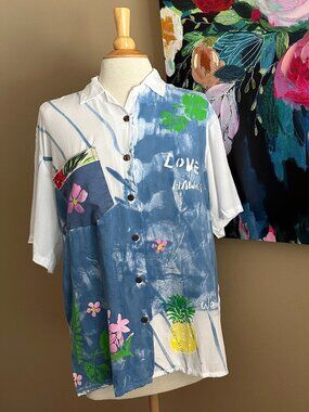 Crazy Fish Hawaii Aloha Shirt M Blue Tropical Pineapple Button Up ⭐